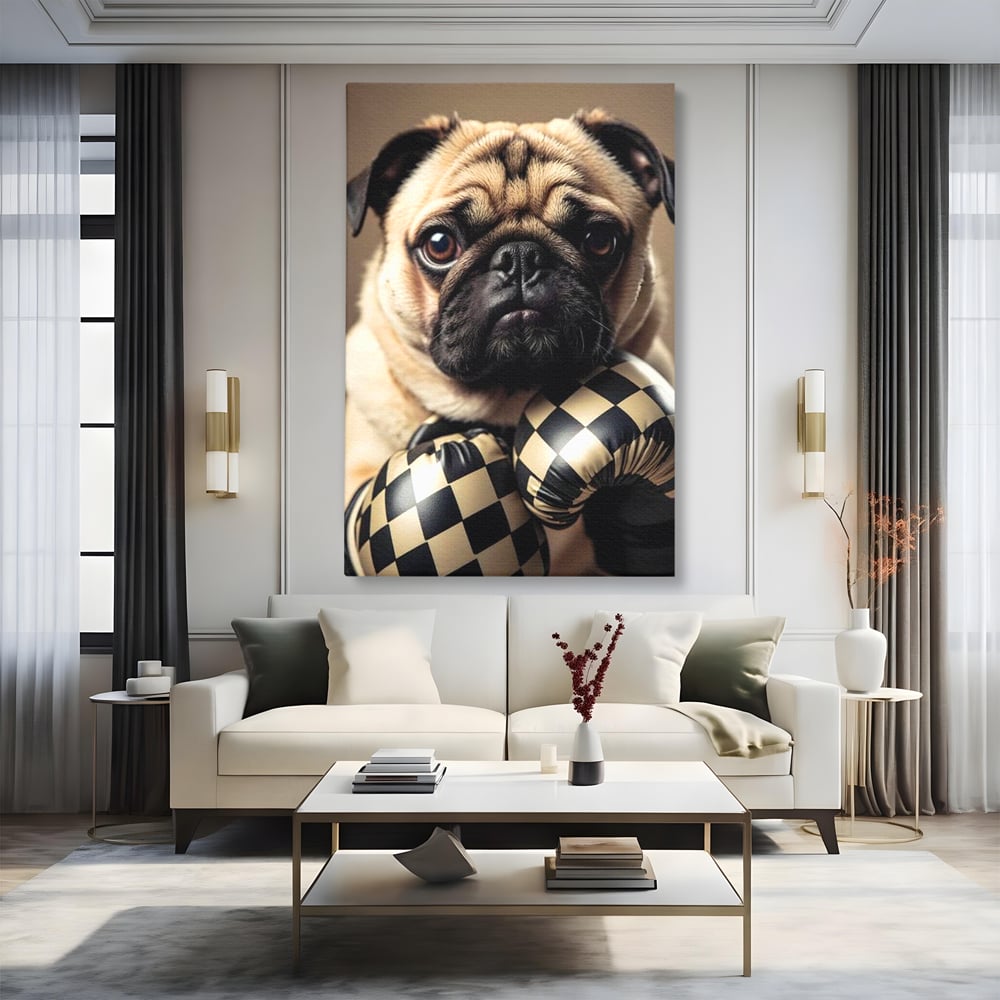 Tablou canvas cu tablou canvas cu pug in manusi de box, fara rama, pe sasiu de lemn, pe perete intr-un living